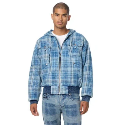 True Religion Plaid Denim Hooded Jacket In Blue