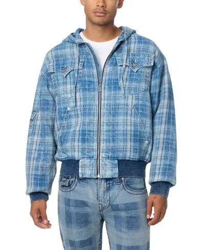True Religion Men's Hooded Plaid Bomber Jacket In Indigo Plaid