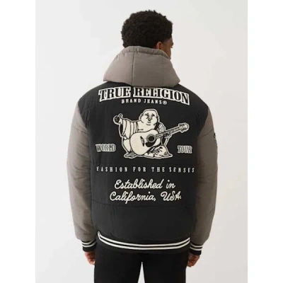 True Religion Men's Hooded Puffer Varsity Jacket In Black