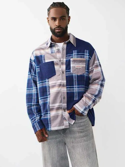 True Religion Men's Indigo Printed Long Sleeve Flannel Shirt In Blue