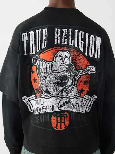 True Religion Men's Layered Knit Washed Crewneck Long Sleeve T-shirt In Black