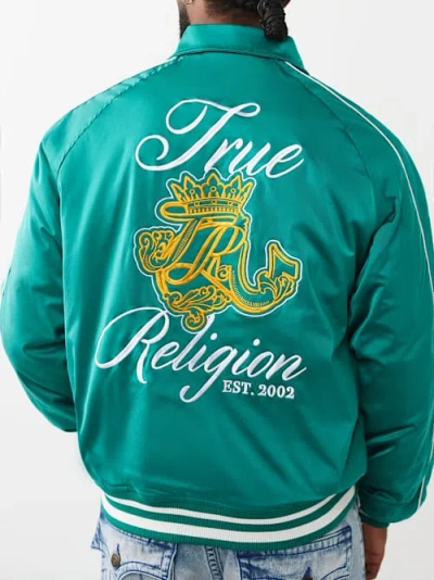 True Religion Crest Satin Retro Bomber Jacket In Green