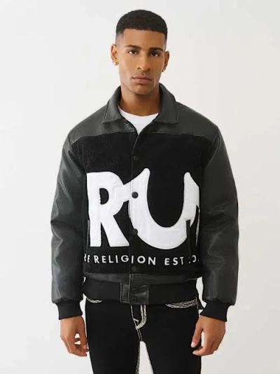 True Religion Men's Logo Faux Leather Sherpa Bomber Jacket In Gray