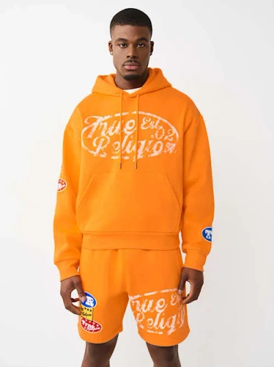 True Religion Men's Logo Patch Boxy Pullover Hoodie In Orange