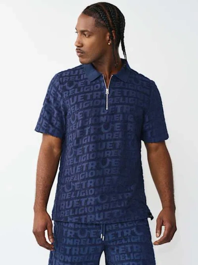 True Religion Terry Knit Logo Zip Polo Shirt In Blue