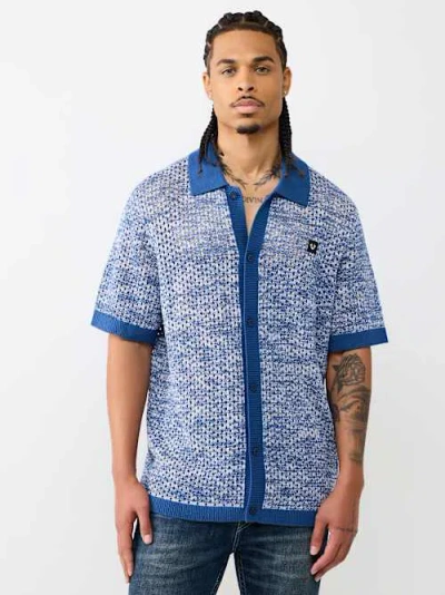True Religion Men's Marled Crochet Knit Shirt In Blue