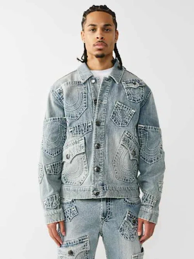 True Religion Mens Grendal Light Wash Multi-pocket Super T Denim Jacket In Blue