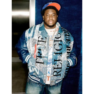 True Religion Men's No. 1 Logo Denim Print Bomber Jacket In Blue
