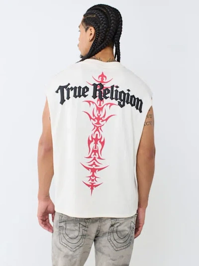 True Religion Men's Ornate Logo Cut-off Tank Top In White