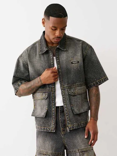 True Religion Men's Oversized Big T Zip-up Workwear Shirt
