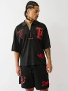 True Religion Mesh Graphic Quarter Zip Polo In Black