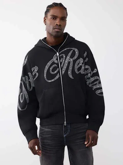 True Religion Men's Rhinestone Script Boxy Zip Hoodie In Black