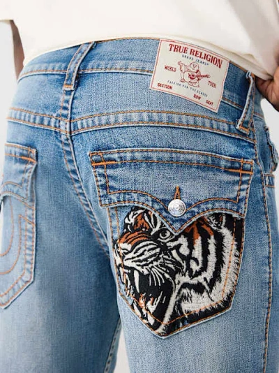 True Religion Men's Ricky Embroidered Tiger Big T Flap Straight Jean 34" In Blue