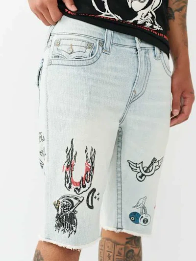 True Religion Men's Rocco Big T Doodle Frayed Hem Flap Short In Blue