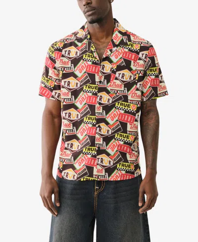 True Religion Men's Short Sleeve Camp Allover Print Shirt In Jet Black