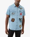 True Religion Logo Patch Short Sleeve Cotton Chambray Button-up Work Shirt In Blue