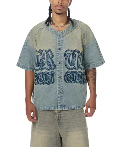 True Religion Men's Short-sleeve Raglan Denim Baseball Shirt In Dust Trail Fade Medium Wash