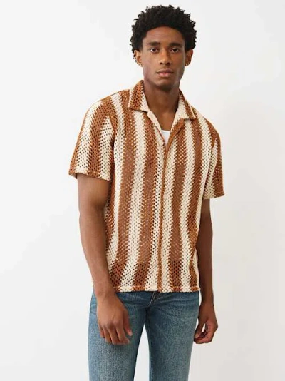 True Religion Men's Striped Crochet Camp Collar Shirt In Multi