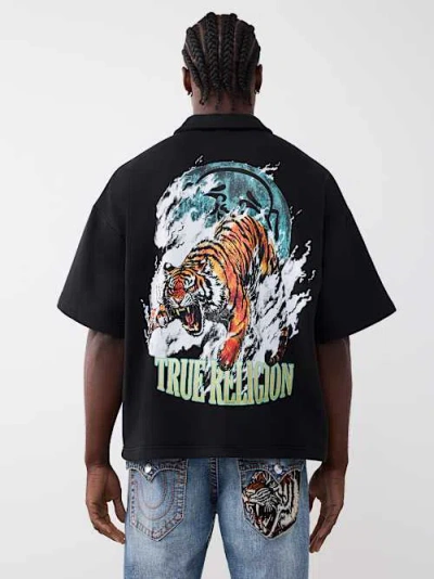 True Religion Men's Tiger Logo Oversized Polo Shirt In Black