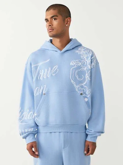 True Religion Tiger Script Boxy Hoodie In Blue