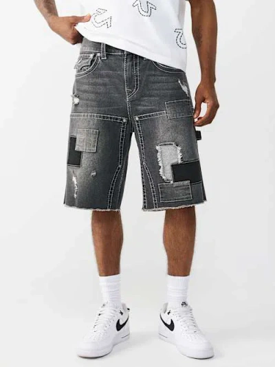 True Religion Vinny Big T Frayed Denim Carpenter Shorts In Black