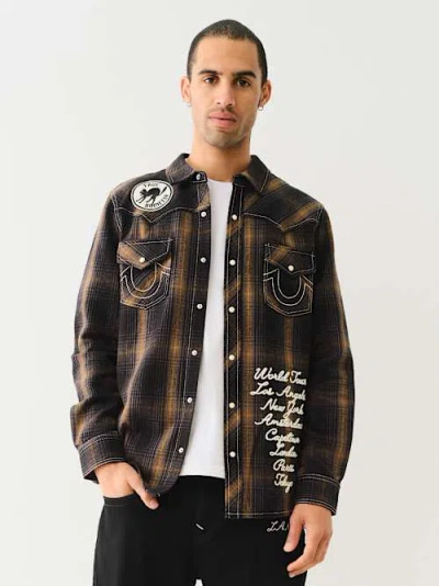 True Religion Men's Western Big T Logo Plaid Shirt In Gold
