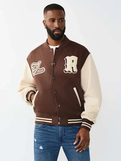True Religion Men's World Tour Fleece Varsity Jacket In Brown