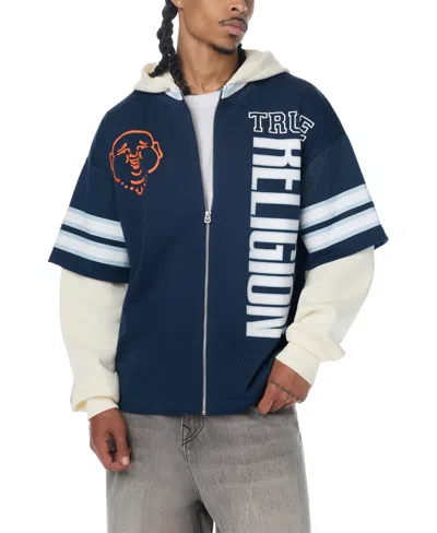 True Religion Men's Y2k Football Jersey Zip Hoodie In Dress Blue