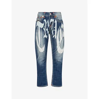 True Religion Mens Dark Wash Graphic-print Bobby Denim Jeans In Blue