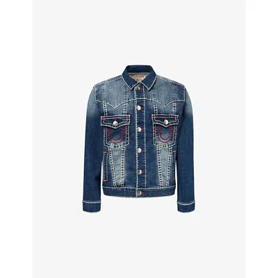 True Religion Mens Dark Wash Oversized Embroidered Denim Jacket Xl In Blue