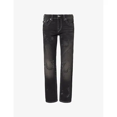 True Religion Mens Deep Silence Black Wash Crystal Embellished Straight-leg Denim Jeans In Multi
