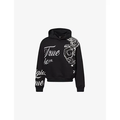 True Religion Mens Jet Black Script-embroidered Printed Cotton Hoody Xl In Multi