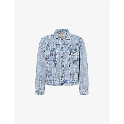 True Religion Mens City Lights Light Wash Distressed Stitch Cotton Denim Jacket