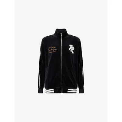 TRUE RELIGION MENS JET BLACK EMBROIDERED PIPING-DETAILED VELOUR TRACKSUIT JACKET XL