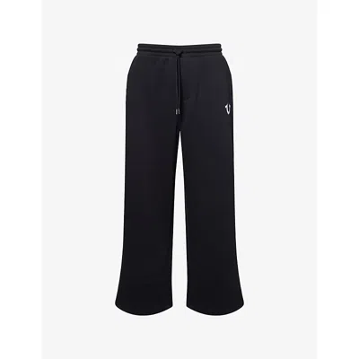 True Religion Mens Jet Black Logo-embroidered Wide-leg Cotton-blend Jogging Bottoms