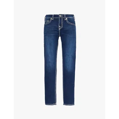 True Religion Mens Damon Dark Wash Rocco Exposed-stitching Straight-leg Regular-fit Stretch-denim Jeans
