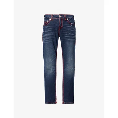 True Religion Mens Dark Wash Rocco Stitched Tapered-leg Stretch-denim Jeans In Blue