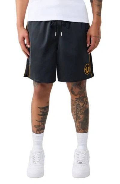 True Religion Mesh Block Satin Drawstring Shorts In Black