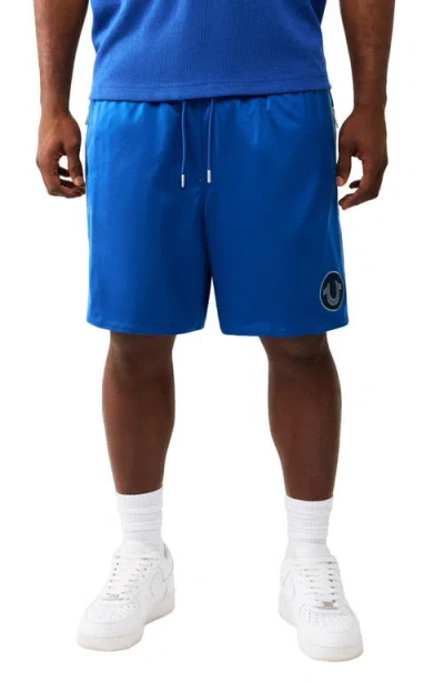 True Religion Mesh Block Satin Drawstring Shorts In Blue