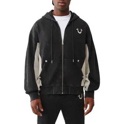 True Religion Mesh Panel Logo Zip Hoodie In Black