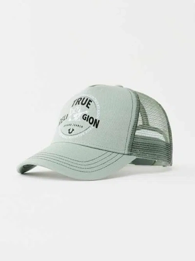 True Religion Metallic Buddha Logo Trucker Hat In Green