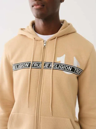True Religion Metallic Logo Tape Trim Zip Hoodie In Brown