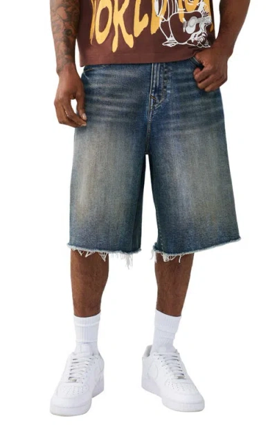 True Religion Mikey Frayed Baggy Denim Shorts In Blue