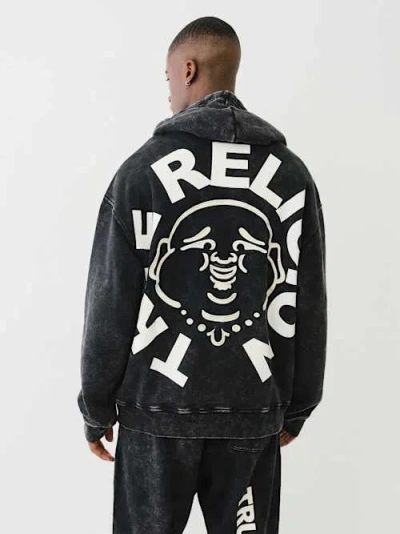 True Religion Mineral Wash Buddha Face Hoodie In Black