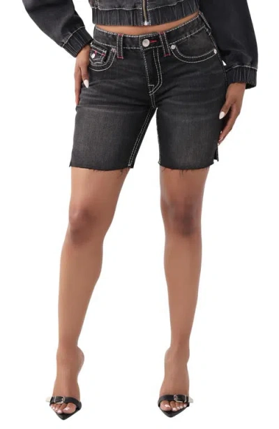 True Religion Miya Mid Rise Bermuda Big T Flap Shorts In Black