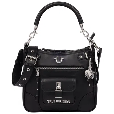 True Religion Moto Zip Top Hobo Bag With Lock Pocket Charm - Convertible Shoulder & Crossbody Purse In Black