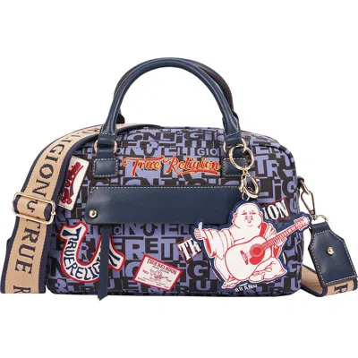 True Religion Multi Patch Faux Leather Graphic Satchel In Navy