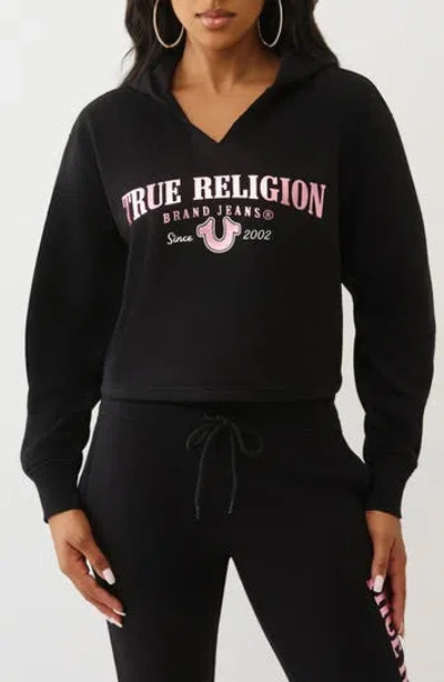 True Religion Notch Cotton Blend Crop Hoodie In Black