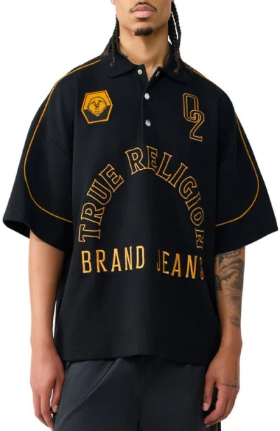 True Religion Oversize Logo Nylon Polo In Black