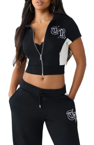 True Religion Paneled Short Sleeve Full Zip Hoodie In Black